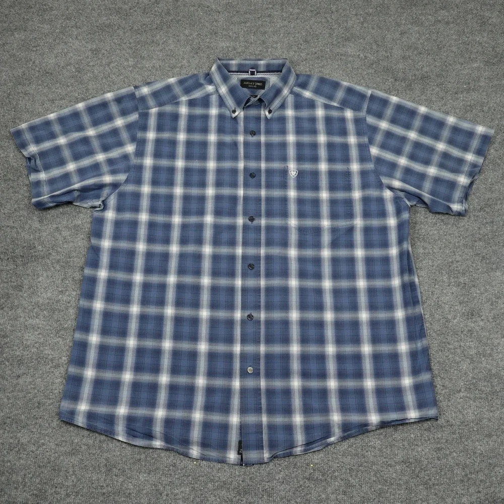 Ariat Shirt Mens XL Blue Plaid Pro Series Short Sleeve Button Down Western